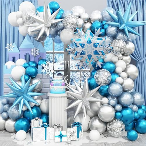 Frozen Geburtstagsdeko Luftballon Girlande, Silber Weiß Ballons Folienballons Schneeflocken Star Mylar Metallic Ballon Silber Blau, Weiß Blaue Ballons für Winter Wonderland Mädchen Geburtstags Deko