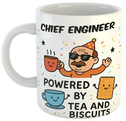 Chief Engineer Powered by Tea and Biscuits Funny Gift Mug for Retirement Parties, Birthdays, Fathers, Uncles, Appreciation Gifts