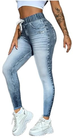 Gellmall Jeansoptik Leggings für Damen High Waist Jeggings Elastic Jeans Frauen Lange Skinny Hosen Treggings Yogahose Fitnesshose M