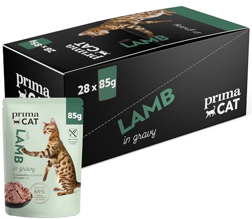 PrimaCat – våtfoder för vuxna katter, lamm i sås, 28 x 85 g | Helfoder, delikata filéer i sås, stöder vätsketillförsel, spannmålsfri, utan tillsats av socker, med lamm