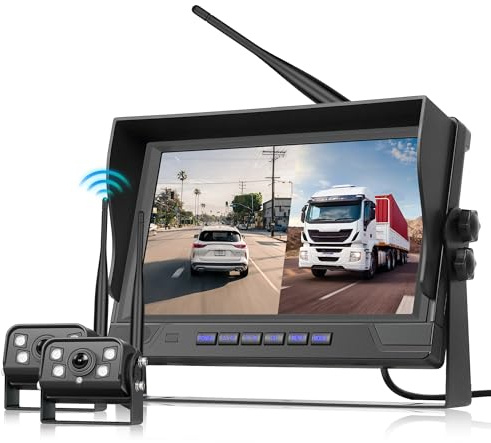 Rimoody Wireless Rear View Camera Camera with 2 Reversing Cameras, 9 IPS Monitor, BSD Loop Recording Wide Angle/IP68 Waterproof/Night Vision Cam Support 4 Split-Screen Blind Spot Detection
