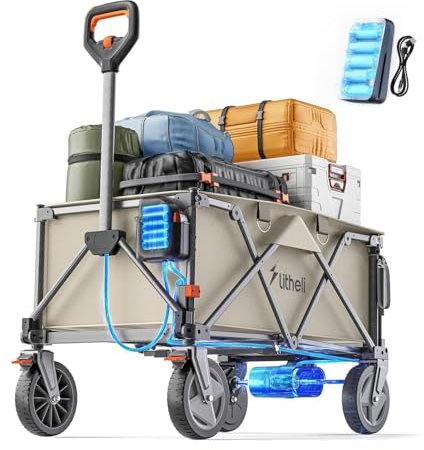 Litheli Carrello elettrico pieghevole, con pneumatici da 20 cm, capacità di 200 l, portata 60 kg, 2 freni, adatto per campeggio, giardino, spiaggia (beige)