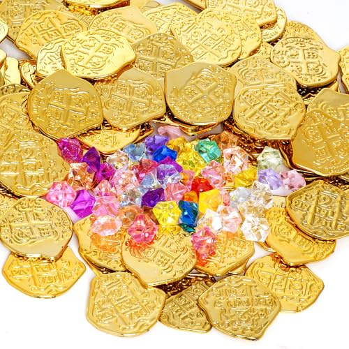 Qwrqwr 100 Stuck Piratenschatz Goldmunzen mit 50 Edelsteinen Set Perfekt fur Piraten Deko Schatzsuche Spiele und Piratenparty Veranstaltungen(Piratenschatz Goldmünzen mit EdelsteinenSet 150)