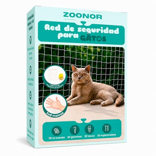 Zoonor®Red para Gatos Terraza Transparente 3x8m – Malla Protectora Balcón y Ventanas | Red Seguridad Gatos con Kit Fijación, Ganchos, Cuerda y Juguete | Resistente UV