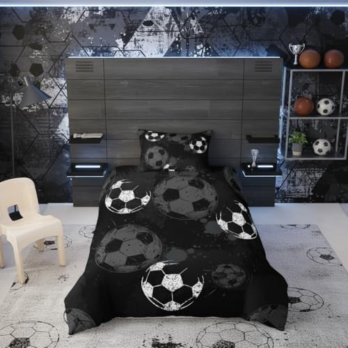 feelingyou Fußball Kinder Bettdecke S Größe Ball Sport Spiele Decken Abdeckung für Schlafzimmer Schwarz Weiß Graffiti Bettwäsche Set(1 Kissenbehälter)