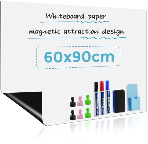 Selbstklebendes Magnetisches Whiteboard für Kinderzimmer, Büro & Home | Selbstklebend, Magnetisch, Trocken Abwischbar, Rückstandsfrei, Einfache Montage, für Büro, Home Office, 60x90cm
