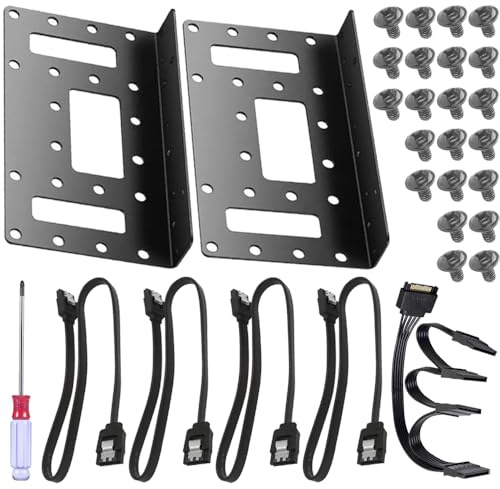 HAAMNING7 2.5 to 3.5 SSD/HDD Mounting Bracket, Up to 4 2.5 SSDs Metal Mounting Bracket Internal Hard Drive Mounting Bracket Tray for PC/NAS/Server with SATA3.0 Cable, SATA 1 to 4 Splitter (2 Pcs)