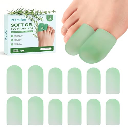 Promifun Silicone Toe Protectors - Green Gel Toe Caps for Women Men - 12 Pack with Tea Tree Oil for Corns, Calluses (4 Large + 8 Medium)