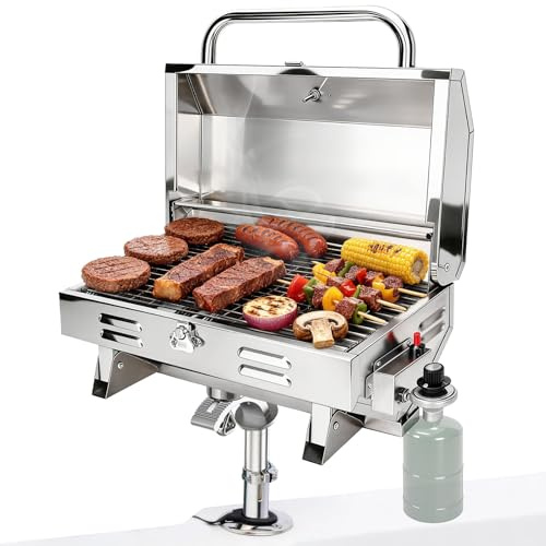 Boat Grill with Rod Holder Mount, Large Cooking Area for 4-5 People, Thickened 304 Stainless Steel, 3-Min Setup, Fast and Even Heating, Easy to Clean, Portable for Marine & Land Use, 1 Year Warranty