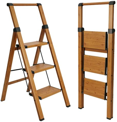 UABA Escalera Plegable de Aluminio Efecto Madera para hogar y Cocina, 3 peldaños, peldaños Anchos Antideslizantes, EN 131