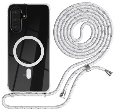 EAZY CASE - Handykette kompatibel mit Galaxy A17 Kette zum Umhängen Stoßfest Handyhülle für Galaxy A17 Silikon Hülle mit Band Handytasche Transparent als Fallschutz in Weiß/Silber