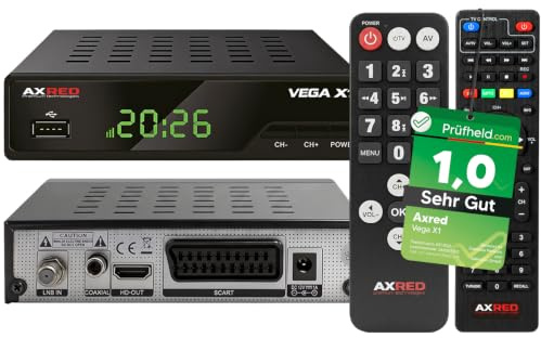 [ Test SEHR GUT, Note 1.0 *] AXRED Vega X1 + Senioren Fernbedienung, HD Sat Receiver mit Aufnahmefunktion, Full HDTV, Digital Sat-Receiver für Satellitenschüssel Satelliten Satellit TV Fernseher