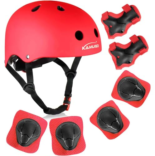 KAMUGO Casco de Bicicleta para niños, Casco para niños de 2 a 8 años, con Equipo de protección Deportivo, Rodilleras, Coderas y muñequeras para monopatín, Ciclismo, Patinete