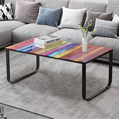 TUKAILAI Couchtisch Regenbogenfarbe Glas Sofatisch mit Metallrahmen Beistelltisch Wohnzimmer Wohnmöbel 105 x 55 x 42cm