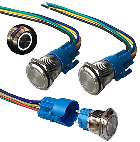 QitinDasen 3Pcs Premium 12V / 24V 5A Interruttore a Pulsante Momentaneo, 19mm Interruttore a Pulsante in Metallo con LED Bianca, Interruttore Avviamento Auto in Acciaio Inossidabile impermeabile