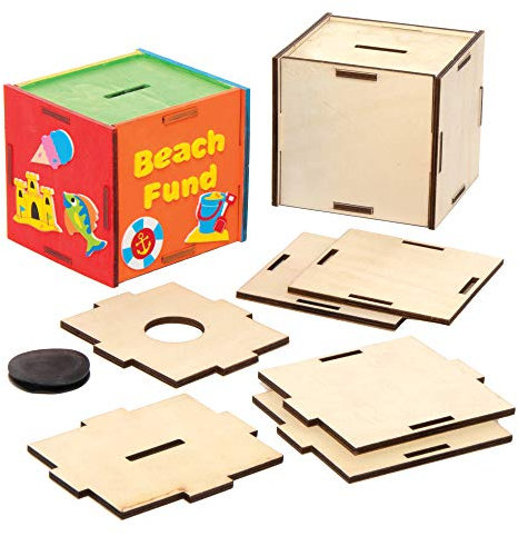 Baker Ross AX105 Wooden Coin Box, Money Boxes for Kids to Paint and Decorate, Pack of 3, Wood