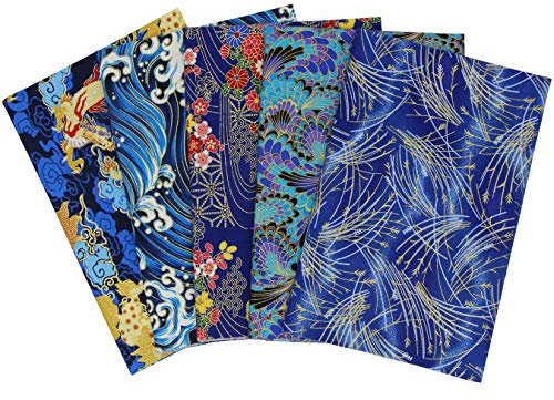 aufodara 5er Baumwollstoff Meterware 50x50 cm Japanische Stil gedruckt Blumen Gold Muster Bronzing Stoffpaket Patchwork Baumwolle Stoffe zum Nähen Quilten DIY Artcraft Handarbeit (Blau)
