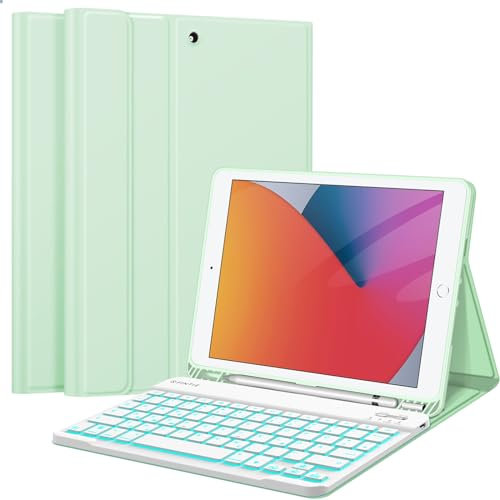 FINTIE Tastatur Hülle für iPad 9 8 7 Generation (2021/2020/2019) 10.2 Zoll, 7-farbig beleuchtete abnehmbare Tastatur mit Schutzhülle, QWERTZ Layout, Grün