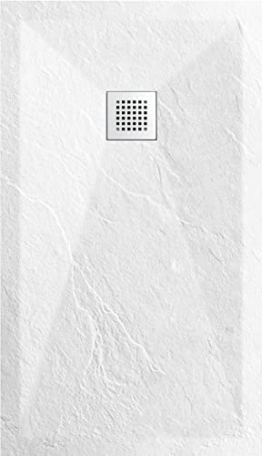 GENERIC Piatto Doccia Bianco 80x100cm Pietra Artificiale e Resina Mista Effetto Ardesia Ruvido Piletta e Tubo Inclusi
