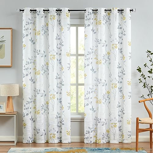 Beauoop Gelb Grau Voile Vorhänge Blätter Blumen Muster Leinenoptik Vorhänge mit Ösen für Wohnzimmer Botanisch Halbtransparent Ösenvorhang für Bauernhaus Schlafzimmer 2er Set, 127 x 245cm (HxB)
