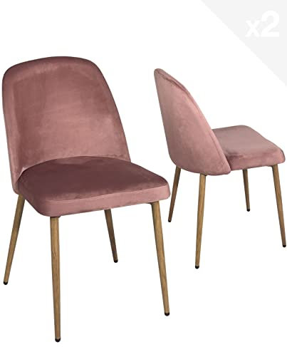 KAYELLES Lot de 2 chaises scandinaves Cocktail Roses, Salon Salle à Manger, siège Velours rembourré, Pieds métal Imitation Bois Clair DIMA (Rose)