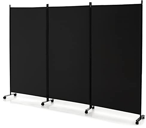 GIANTEX Paravent de séparation de pièce, 262 x 180 cm, avec roulettes, 3 pièces, Pliable, en Tissu, en Fer, séparateur Mural privé pour Chambre à Coucher, Bureau (Noir)