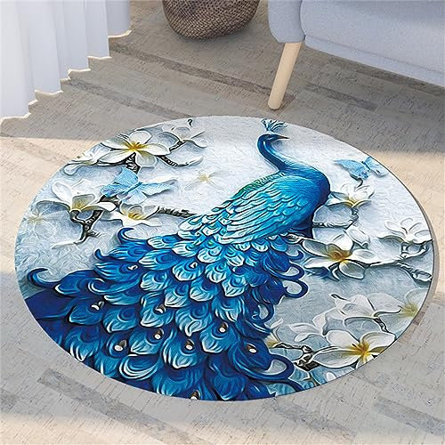 Highdi Teppich Rund Modern rutschfest Waschbar Schlafzimmer Teppiche, Innenbereich Runder Teppich fürs Wohnzimmer, Flur Kinderzimmer Büro (120cm,Pfau)