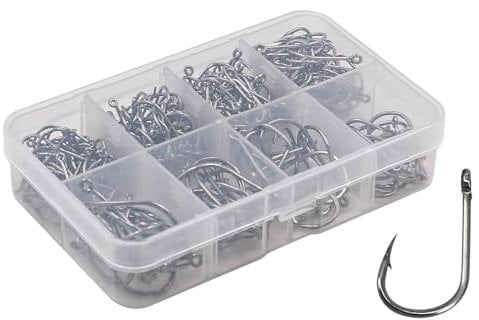 300PCS NUZAMAS Fishing Hook 9#-16# Barbed Hooks Pike Fishing Tackle Carp Circle Hooks with Storage Plastic Box Carbon Steel Eyed Sea Fish Hooks for Freshwater Saltwater