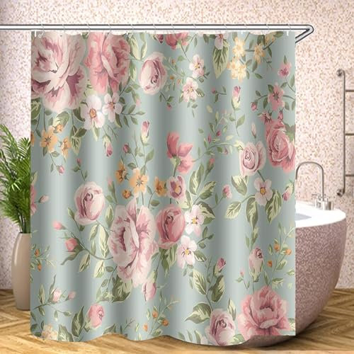 SMchwbc Blumen Duschvorhang Blume 120x200 180x200 180x180 200x240 Textil Rosa Rose Bunt Pink Blau,100% Polyester, Shower Curtains Wasserdicht (1,180 x 180 cm)