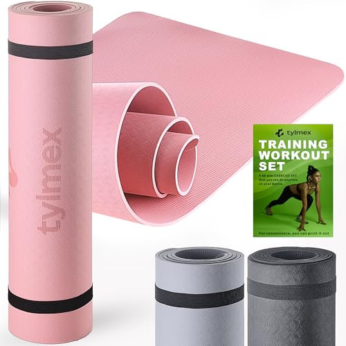 Tylmex Yogamatte TPE rutschfest 6mm | Umweltfreundliche Fitnessmatte für Yoga, Pilates & Workout | Trainingsmatte 183x61cm mit Tragegurt & Online-Übungsanleitung - Rosa