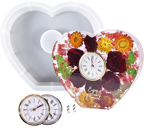 BVI BOOMERVIVI Harz Form Silikon, Herz Uhr Harz Gießen Silikonform, DIY Desktop-Uhr Epoxy Harz Form Mit 2 Uhrwerk Zubehör Für Desktop Home Decoration (Flaches Zentrum)