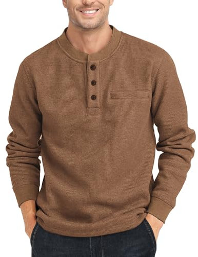 zitysport Henley Shirts Herren Langarm Casual Waffel Henley Hemd Männer Thermal Freizeithemd 3-Knopf Classic Henley T-Shirt Herren mit Brusttasche Langarmshirt Herren Pullover(Braun,L)