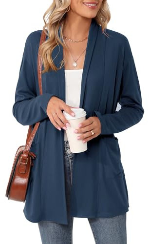 Rapbin Womens Lightweight Black Cardigan Long Sleeve Open Front Cardigans Casual Outerwear with Pockets(Navy Blue,L)