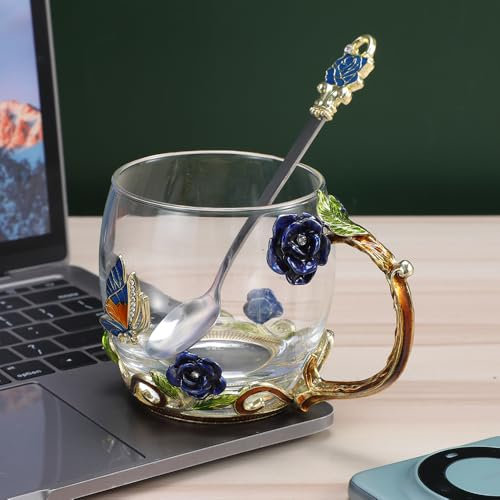 PPEA Glass Coffee Enamels Mug Best Birthday Gifts for Mom Lead-Free Glass Coffee Mugs Tea Cup with Steel Spoon,Gifts for Women Wife Mum Teacher Friends Valentines Christmas Birthday