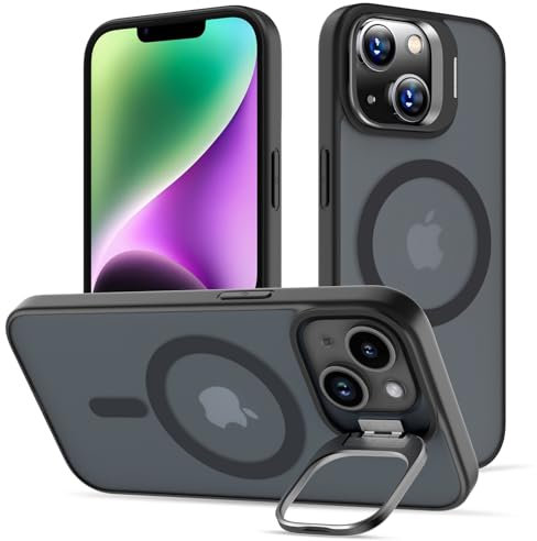 Cover per iPhone 14/13 Compatible avec MagSafe con Cavalletto, Magnetica Custodia con Supporto FotocameraRegolabile Integrato Traslucida Opaca Posteriore Sottile Antiurto Case, Nero