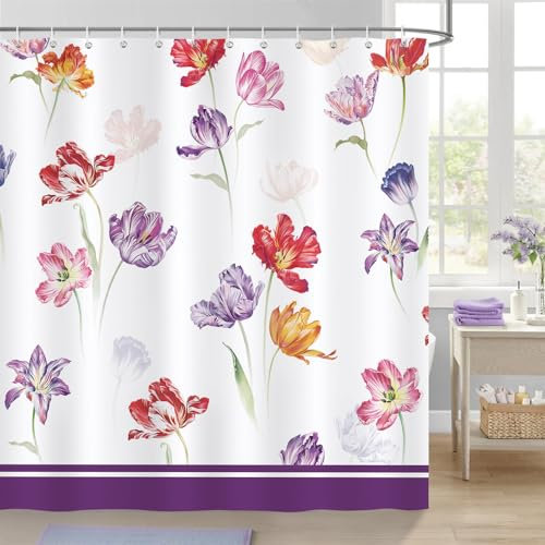 Bonhause Rideau de Douche Fleurs de Tulipes Violet Rouge Rideau de Bain Tissu Polyester Anti Moisissure Imperméable Lavable Rideaux Salle de Bain 180 x 180 cm avec 12 Crochets Baignoire