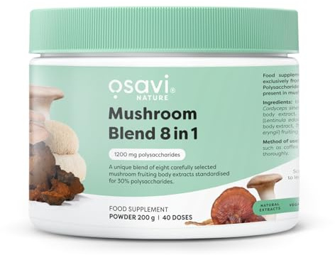 Osavi Mushroom Blend 8 in 1 – 200 g Powder | Extracts from Lion’s Mane, Cordyceps, Reishi, Chaga, Shiitake, Maitake, Tremella & King Trumpet | Standardised for 30% polysaccharides