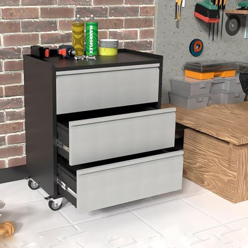 Werkzeugschrank, Werkstattwagen mit 3 Schubladen, Metallschrank mit Rädern, Profi Garagenschrank aus Metall, Rollwagen ideal für Werkzeuge und Zubehör 90x77x46cm
