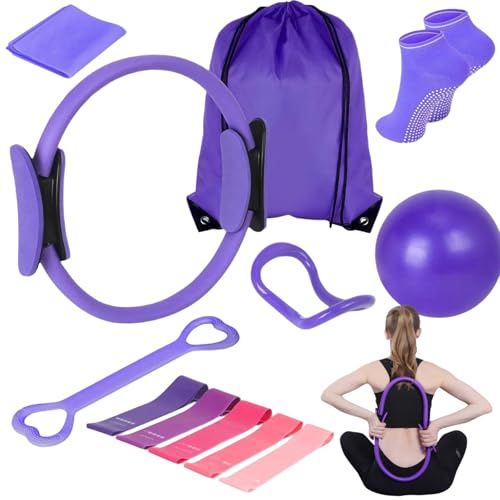 Halorin pilates-set i 13 delar, pilates Essential Kit för kvinnor med pilates boll, pilatesring, motståndsband, strumpor, pilatesring och tillbehör för stretching och fitness (lila)