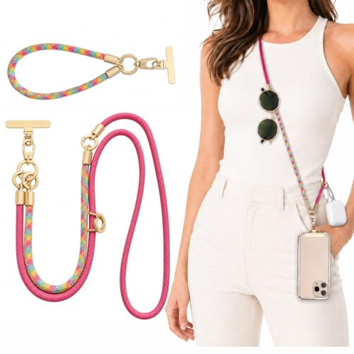 AIENYOU Sangle Téléphone 3-en-1: Bandoulière, Poignet ou Cou, Rose Fuchsia | Design bicolore élégant; corde nylon et insert métal stables; mousqueton pour clés, lunettes, écouteurs et petits objets