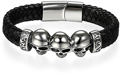 JewelryWe Schmuck Herren Biker Armband, Gotik Punk Rock Totenkopf Schädel Geflochten Leder Edelstahl Armreif Armschmuck, Magnet Verschluss, Schwarz Silber