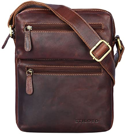 STILORD 'Moritz' Kleine Ledertasche Umhängetasche braun Vintage Messenger Bag für Herren mit vielen Fächern für 10.1 Zoll Tablet iPad aus echtem Büffel-Leder, Farbe:cognac - dunkelbraun