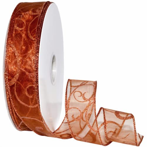 Morex Ribbon 7416.40/50-633 Swirl 3,8 cm x 45,7 m Nylon durchscheinendes Glitzerband, Kupfer, Urlaubsbänder zum Basteln und Weihnachtsdekorationen, Weihnachtsband für Innenbereich, Weihnachtsband für