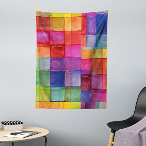ABAKUHAUS Abstrakt Wandteppich, Regenbogen-Farben-Quadrate aus Weiches Mikrofaser Stoff Waschbar ohne Verblassen Digitaldruck, 110 x 150 cm, Rot Blau