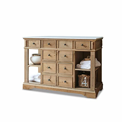 Loberon Waschtisch Thibault, Edle Marmorplatte, viel Stauraum, Rustikaler Charme, Naturbelassenes Finish, Badmöbel, Kiefernholz, Keramik, braun/weiß