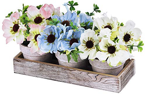 Set mit 3 künstlichen Mohnblumen, in Töpfen, blau, weiß, rosa, Seide, Mini-Topfpflanzen, Arrangement Holz-Pflanzkasten für Sommer, Innenbereich, Büro, Wohnung, Tischdekoration, Hochzeitszentrum