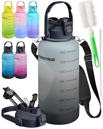 EnergyBud 3.8L Water Bottle | Large Gym Water Bottle For Men & Women With 2 Straws | No BPA, BPS, DEHP | Tritan Material | Dishwasher Safe, Adjustable Strap, Wide Mouth, Silicone Base + 2 Brushes