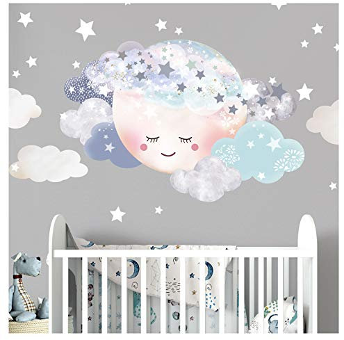 Little Deco Wandaufkleber Kinderzimmer Mädchen Mond & Wolken I L - 46 x 31 cm I Wandtattoo Baby Wandsticker Deko Zimmer DL445
