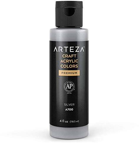 ARTEZA Peinture acrylique artisanale, A700 Argent, bouteilles de 118 ml, à base d'eau, mélangeable, peintures acryliques mates pour des projets d'art et de bricolage sur toute surface