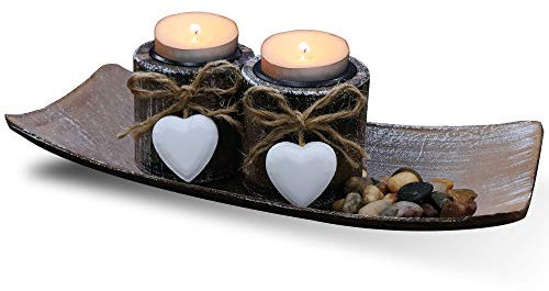 Fovasen Shabby Chic Teelicht Kerzenhalter, Romantische Valentinstag Weihnachtsdeko Rustikales Kerzenhalter Set Holz Votivkerzenhalter mit Tablett und Steinen für Kaffee Esstisch Center Dekor-Set von 2